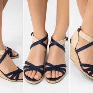 Navy Strappy Espadrille Wedge Sandals with Natural Wrap Detail